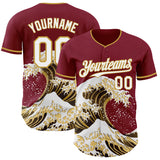 Custom Crimson White-Old Gold Japanese Wave 3D Pattern Design Authentic Baseball Jersey