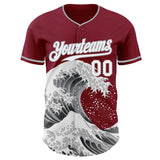 Custom Crimson White-Gray Japanese Wave 3D Pattern Design Authentic Baseball Jersey