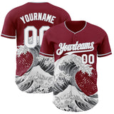 Custom Crimson White-Gray Japanese Wave 3D Pattern Design Authentic Baseball Jersey