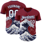 Custom Crimson White-Navy Japanese Wave 3D Pattern Design Authentic Baseball Jersey