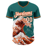 Custom Teal White-Orange Japanese Wave 3D Pattern Design Authentic Baseball Jersey