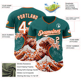 Custom Teal White-Orange Japanese Wave 3D Pattern Design Authentic Baseball Jersey