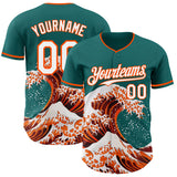 Custom Teal White-Orange Japanese Wave 3D Pattern Design Authentic Baseball Jersey