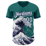 Custom Teal White-Navy Japanese Wave 3D Pattern Design Authentic Baseball Jersey
