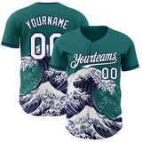 Custom Teal White-Navy Japanese Wave 3D Pattern Design Authentic Baseball Jersey