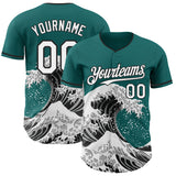 Custom Teal White-Black Japanese Wave 3D Pattern Design Authentic Baseball Jersey