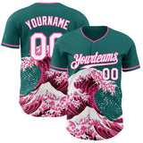 Custom Teal White-Pink Japanese Wave 3D Pattern Design Authentic Baseball Jersey