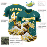 Custom Teal White-Gold Japanese Wave 3D Pattern Design Authentic Baseball Jersey