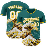 Custom Teal White-Gold Japanese Wave 3D Pattern Design Authentic Baseball Jersey