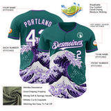 Custom Teal White-Purple Japanese Wave 3D Pattern Design Authentic Baseball Jersey