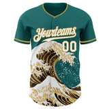 Custom Teal White-Old Gold Japanese Wave 3D Pattern Design Authentic Baseball Jersey