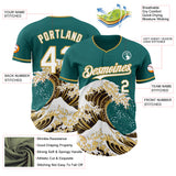 Custom Teal White-Old Gold Japanese Wave 3D Pattern Design Authentic Baseball Jersey