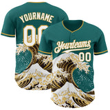 Custom Teal White-Old Gold Japanese Wave 3D Pattern Design Authentic Baseball Jersey