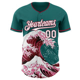 Custom Teal White-Crimson Japanese Wave 3D Pattern Design Authentic Baseball Jersey