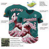 Custom Teal White-Crimson Japanese Wave 3D Pattern Design Authentic Baseball Jersey