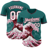Custom Teal White-Crimson Japanese Wave 3D Pattern Design Authentic Baseball Jersey