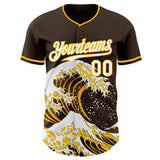 Custom Brown White-Gold Japanese Wave 3D Pattern Design Authentic Baseball Jersey