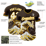 Custom Brown White-Gold Japanese Wave 3D Pattern Design Authentic Baseball Jersey