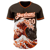 Custom Brown White-Orange Japanese Wave 3D Pattern Design Authentic Baseball Jersey
