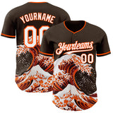 Custom Brown White-Orange Japanese Wave 3D Pattern Design Authentic Baseball Jersey