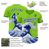 Custom Neon Green Royal-White Japanese Wave 3D Pattern Design Authentic Baseball Jersey