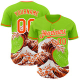 Custom Neon Green Orange-White Japanese Wave 3D Pattern Design Authentic Baseball Jersey
