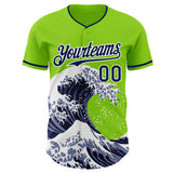 Custom Neon Green Navy-White Japanese Wave 3D Pattern Design Authentic Baseball Jersey