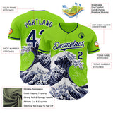 Custom Neon Green Navy-White Japanese Wave 3D Pattern Design Authentic Baseball Jersey