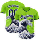 Custom Neon Green Navy-White Japanese Wave 3D Pattern Design Authentic Baseball Jersey