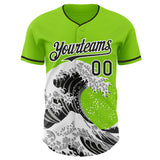 Custom Neon Green Black-White Japanese Wave 3D Pattern Design Authentic Baseball Jersey