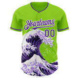 Custom Neon Green Purple-White Japanese Wave 3D Pattern Design Authentic Baseball Jersey