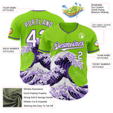 Custom Neon Green Purple-White Japanese Wave 3D Pattern Design Authentic Baseball Jersey