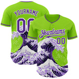 Custom Neon Green Purple-White Japanese Wave 3D Pattern Design Authentic Baseball Jersey