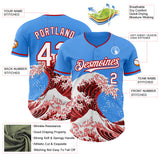 Custom Electric Blue White-Red Japanese Wave 3D Pattern Design Authentic Baseball Jersey