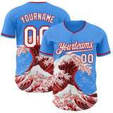 Custom Electric Blue White-Red Japanese Wave 3D Pattern Design Authentic Baseball Jersey