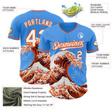 Custom Electric Blue White-Orange Japanese Wave 3D Pattern Design Authentic Baseball Jersey