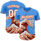 Custom Electric Blue White-Orange Japanese Wave 3D Pattern Design Authentic Baseball Jersey