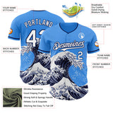 Custom Electric Blue White-Navy Japanese Wave 3D Pattern Design Authentic Baseball Jersey