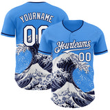 Custom Electric Blue White-Navy Japanese Wave 3D Pattern Design Authentic Baseball Jersey