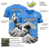 Custom Electric Blue White-Black Japanese Wave 3D Pattern Design Authentic Baseball Jersey