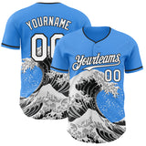 Custom Electric Blue White-Black Japanese Wave 3D Pattern Design Authentic Baseball Jersey