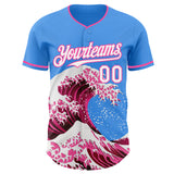 Custom Electric Blue White-Pink Japanese Wave 3D Pattern Design Authentic Baseball Jersey