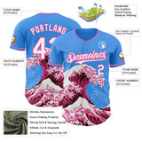 Custom Electric Blue White-Pink Japanese Wave 3D Pattern Design Authentic Baseball Jersey