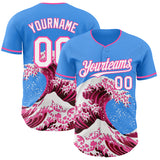 Custom Electric Blue White-Pink Japanese Wave 3D Pattern Design Authentic Baseball Jersey