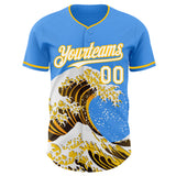 Custom Electric Blue White-Gold Japanese Wave 3D Pattern Design Authentic Baseball Jersey