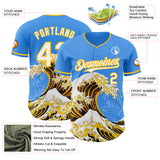 Custom Electric Blue White-Gold Japanese Wave 3D Pattern Design Authentic Baseball Jersey