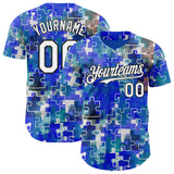 Custom Electric Blue White-Black Puzzle 3D Pattern Design Authentic Baseball Jersey