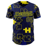 Custom Navy-Light Yellow Puzzle 3D Pattern Design Authentic Baseball Jersey