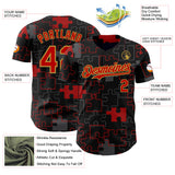 Custom Black Red-Old Gold Puzzle 3D Pattern Design Authentic Baseball Jersey