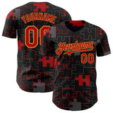 Custom Black Red-Old Gold Puzzle 3D Pattern Design Authentic Baseball Jersey